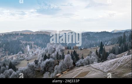 Inverno in arrivo. Pittoresca nebbia e scena moody mattina in fine autunno montagna campagna con hoarfrost su erbe, alberi, s Foto Stock