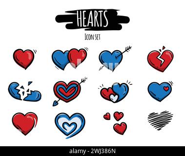 Set vettoriale di icone colorate disegnate a mano per San Valentino con cuori rossi e blu, cuore spezzato, freccia di cupido Illustrazione Vettoriale