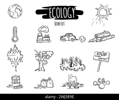Serie di icone in bianco e nero disegnate a mano da vettori di ecologia, riscaldamento globale, cambiamento climatico e disastro ambientale. Illustrazione Vettoriale