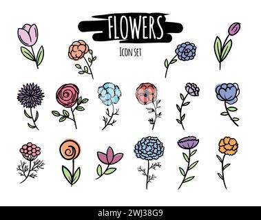 Set vettoriale di icone colorate disegnate a mano per applicazioni mobili e siti Web: Fiori, primrose, croco, rosa e molto altro. Illustrazione Vettoriale