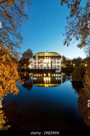 Staendehaus K21 con il Kaiserteich in autunno la sera, Duesseldorf, Germania, Europa Foto Stock