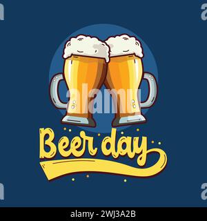 Modello con scritta retrò in stile "giorno della birra" con birra su sfondo blu. Banner Oktoberfest, modello, poster, vettore biglietti d'auguri Illustrazione Vettoriale