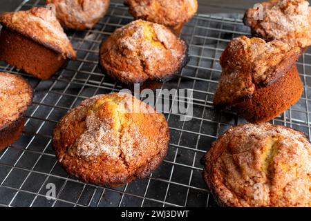 Muffin alla cannella alla banana che si raffreddano su una griglia metallica: Muffin appena sfornati con cannella e zucchero su una griglia di raffreddamento a filo Foto Stock