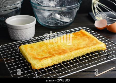 Raffreddamento della torta in spugna sottile su una griglia metallica: Torta rettangolare su una griglia di raffreddamento con attrezzatura da forno sullo sfondo Foto Stock