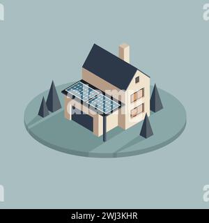 Casa privata isometrica con pannello solare. Edificio moderno ecologico con vista 3d. Ricerca di immobili, proprietà in vendita. Casa residenziale Illustrazione Vettoriale