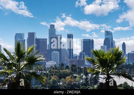 Skyline del centro di Los Angeles con palme. Foto Stock