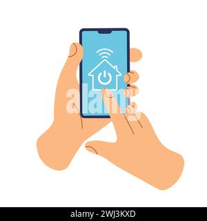 Controllo intelligente della casa tramite smartphone. Connessione wi-fi wireless e tecnologia domestica. Collegamenti di telefoni cellulari con dispositivi elettronici domestici. Illustrazione Vettoriale