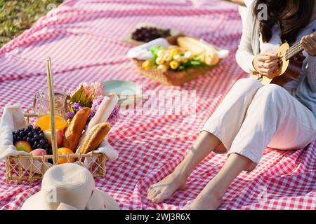 Una coppia innamorata che si diverte a fare un picnic suonando la chitarra nel parco all'aperto. Felice coppia, togetherÂ rilassante con cestino da picnic Foto Stock