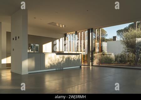 Vista interna di una cucina in una nuovissima casa di lusso dalle tonalità grigio e bianco. Foto Stock