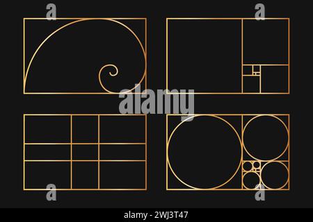 Raccolta di modelli Golden ratio. Spirale logaritmica. La sequenza di Fibonacci è costituita da cornici rettangolari divise su linee, quadrati e cerchi. Perfetta simmetria naturale proporzioni griglie. Illustrazione vettoriale Illustrazione Vettoriale