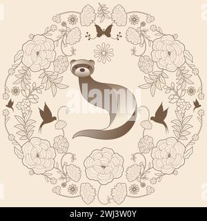 Cornice ornamentale di fiori e animali per favole e fiabe. Illustrazione in stile vintage Illustrazione Vettoriale