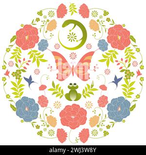 Cornice ornamentale di fiori e animali per favole e fiabe. Illustrazione in stile vintage Illustrazione Vettoriale