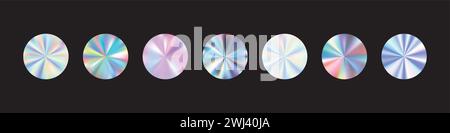 Adesivo olografico in argento con effetto gradiente, per etichetta, badge o timbro di vendita, ologramma di lamina. Illustrazione vettoriale piatta isolata su sfondo bianco Illustrazione Vettoriale