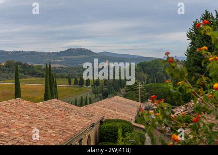 Vista dal wine resort Banfi sulle dolci colline della Toscana con vista sul castello e sui borghi collinari Foto Stock
