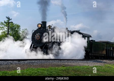 Vista di un treno passeggeri a vapore restaurato a scartamento ridotto che soffia fumo e molto vapore Foto Stock