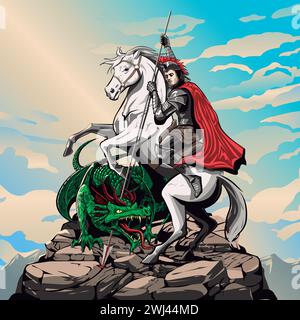 vettoriale disegnato a mano st. il giorno di george. Illustrazione del cavaliere con a cavallo sulla cima della montagna. Combattere con il drago. San Giorgio e il Drago. Illustrazione Vettoriale