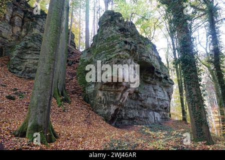 Rocce vicino a Consdorf nel Muellerthal, Lussemburgo Foto Stock