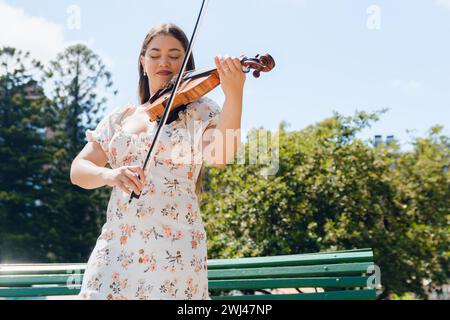 Ritratto in vita di una giovane donna venezuelana di busker felice, immigrata in Argentina, che indossa un abito, sorride e in piedi che suona il violino nel parco di Buenos Aires Foto Stock