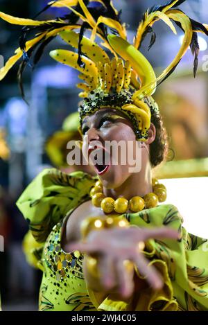 Rio De Janeiro, Brasile. 12 febbraio 2024. RJ - RIO DE JANEIRO - 02/12/2024 - CARNEVALE RIO 202, GRUPPO SPECIALE PARATA - membri della Scuola Samba Mocidade Independente de padre Miguel durante lo spettacolo della seconda serata della sfilata speciale di gruppo di Rio de Janeiro al Marques de Sapucai Sambadrome questo lunedì (12). Foto: Thiago Ribeiro/AGIF (foto di Thiago Ribeiro/AGIF/Sipa USA) credito: SIPA USA/Alamy Live News Foto Stock