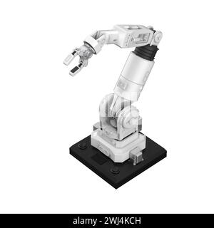 braccio robotico ai bianco con rendering 3d isolato su sfondo bianco Foto Stock
