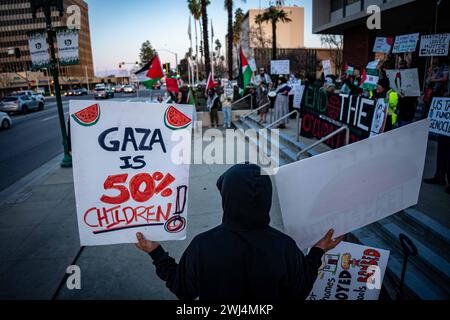 Bakersfield, California, Stati Uniti. 12 febbraio 2024. I membri della comunità di Bakersfield, California, si unirono al gruppo di base della Central Valley United Liberation Front il 12 febbraio 2024, per una dimostrazione di emergenza intesa a sensibilizzare l'IDF sul bombardamento mirato di Rafah durante il Super Bowl LVIII. Rafah è diventato l’ultimo rifugio per il popolo palestinese sotto assedio a Gaza. (Credit Image: © Jake Lee Green/ZUMA Press Wire) SOLO PER USO EDITORIALE! Non per USO commerciale! Foto Stock