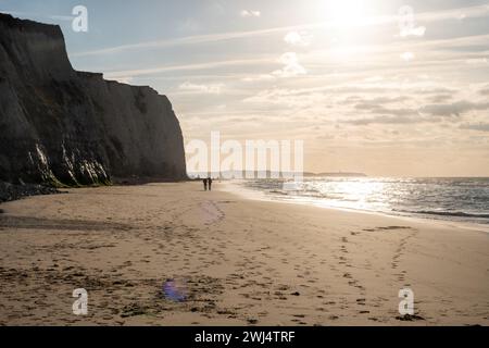 Questa immagine è caratterizzata dall'atmosfera tranquilla di una passeggiata serale su una spiaggia fiancheggiata da torreggianti scogliere. Il sole tramonta una luce soffusa e diffusa che mette in risalto la struttura della scogliera e crea un sentiero luminoso sulla superficie dell'acqua. Alcune persone sono visibili in lontananza, godendosi la vastità del paesaggio marino e il dolce lasso di onde ai loro piedi. Le orme nella sabbia segnano il passaggio degli amanti della spiaggia, un'impronta fugace sul mondo naturale. Passeggiata al tramonto sulle scogliere. Foto di alta qualità Foto Stock