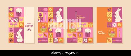 Set di biglietti d'auguri rosa geometrici per una buona Pasqua. Illustrazioni vettoriali minimalistiche e alla moda. Decorazione del sito Web Illustrazione Vettoriale