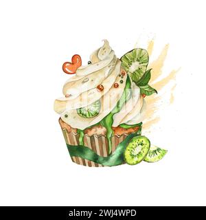 cupcake di acquerello con panna, kiwi, marmellata gocciolante, foglie decorative. l'illustrazione è isolata su uno sfondo bianco. lavoro fatto a mano. per il menu desi Foto Stock