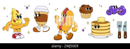 Set di personaggi cartoni animati con simpatici volti sorridenti. Fast food e bevande emozionanti: Pizzeria a base di triangolo e hot dog con salsiccia, tazza di plastica di caffè e pancake, muffin e mirtilli. Illustrazione Vettoriale