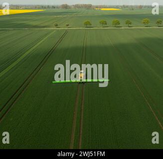 Trattore con irroratrice da campo per l'applicazione di pesticidi contro i pesticidi Foto Stock