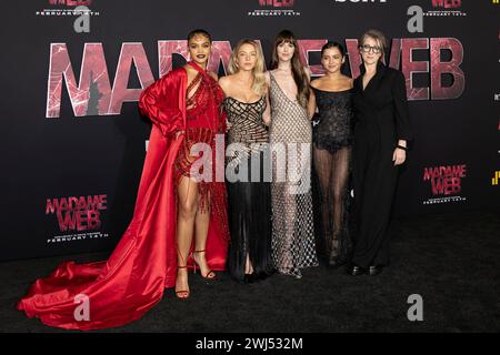 Los Angeles, Stati Uniti. 12 febbraio 2024. Celeste o'Connor, Sydney Sweeney Dakota Johnson, Isabela Merced e SJ Clarkson assistono agli arrivi di MADAME WEB al Regency Bruin Theatre - Westwood Village a Los Angeles, CALIFORNIA, il 12 febbraio 2024. (Foto di Corine Solberg/SipaUSA) credito: SIPA USA/Alamy Live News Foto Stock