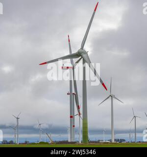 Azienda di energia eolica Vestas con una gru rossa durante la costruzione di un parco eolico a terra Foto Stock