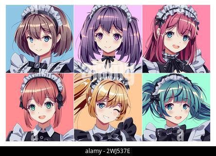 Set illustrativo con logo vettoriale Kawaii Maid Cafe Girls. Attraenti ritratti di donne anime su sfondi a colori. Avatar di personaggi femminili manga Illustrazione Vettoriale