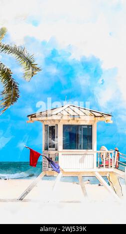 Dipinto ad acquerello della torre del bagnino a Fort Lauderdale Foto Stock