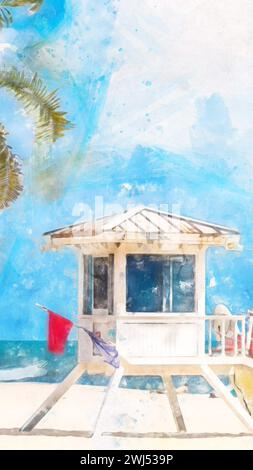 Dipinto ad acquerello della torre del bagnino a Miami Foto Stock