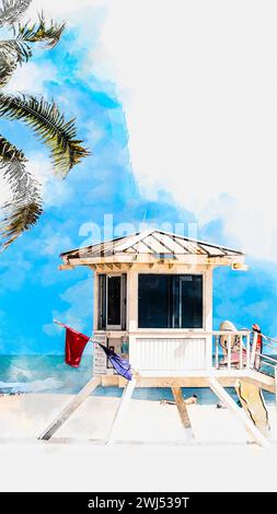Schizzo acquerello della torre del bagnino a Fort Lauderdale USA Foto Stock