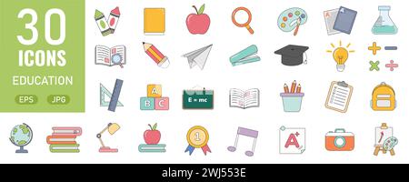 Set di icone Education and Learning. icone di ritorno a scuola per applicazioni web e mobili. E-learning, video tutorial, conoscenza, studio, scuola, università Illustrazione Vettoriale