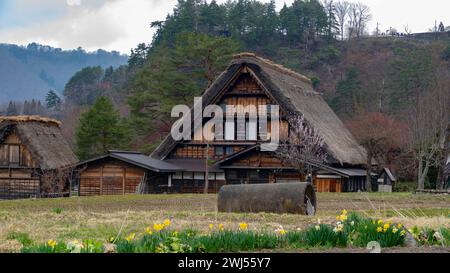 Una vista panoramica dei villaggi storici di Shirakawa-go e Gokayama in Giappone Foto Stock