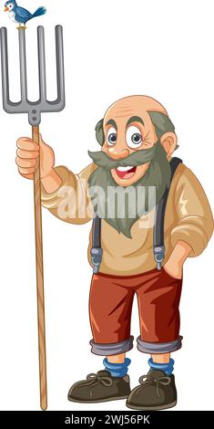 Contadino sorridente che tiene in mano un forcone con un uccello. Illustrazione Vettoriale
