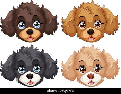 Quattro simpatici volti vettoriali illustrati per cuccioli. Illustrazione Vettoriale