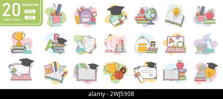 Set di illustrazioni per l'istruzione e l'apprendimento. icone di ritorno a scuola per applicazioni web e mobili. E-learning, video tutorial, conoscenza, studio, scuola, università Illustrazione Vettoriale