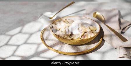 Gnocchi con ciliegie con panna acida e zucchero. Piatto tradizionale di cucina russa, Ucraina e bielorussa conosciuto come Vareniki Foto Stock