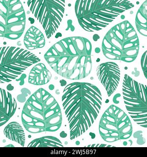 Motivo tropicale senza cuciture. Modello di palme su sfondo bianco. Motivo a forma di carta con foglie di palma e monstera Illustrazione Vettoriale
