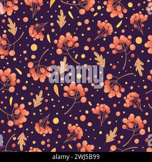 Motivo senza cuciture con foglie autunnali e frutti di bosco di rowan. Sfondo colorato e ripetibile con foglie di quercia, rowan e acero e ghiande per avvolgere la carta Illustrazione Vettoriale