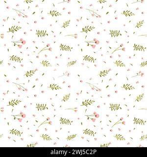 Disegno a mano con motivi botanici senza cuciture. Sfondo bianco con delicati fiori e foglie. Stile minimalista. Cotone in fiore. Illustrazione vettoriale. Illustrazione Vettoriale