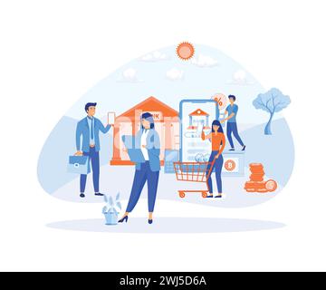 I personaggi Office People utilizzano gli smartphone per pagamenti, trasferimenti e depositi tramite Internet. illustrazione moderna vettoriale piatta Illustrazione Vettoriale