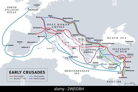 Prime Crociate, mappa di storia grigia. Le prime quattro Crociate, una serie di guerre religiose in Terra Santa, per conquistare Gerusalemme e l'area circostante. Foto Stock