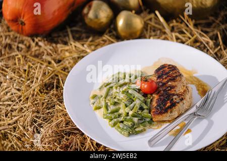 Pollo alla griglia ripieno di fagiolini Foto Stock