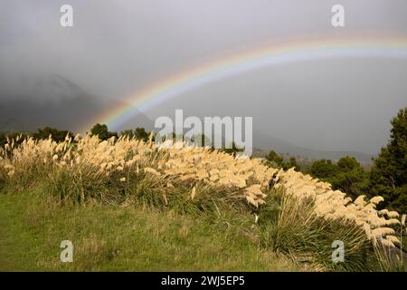 Arcobaleno sul monte Taranaki, nuova Zelanda Foto Stock