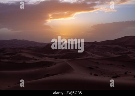 Un vasto paesaggio desertico adornato da dune di sabbia e un affascinante tramonto Foto Stock